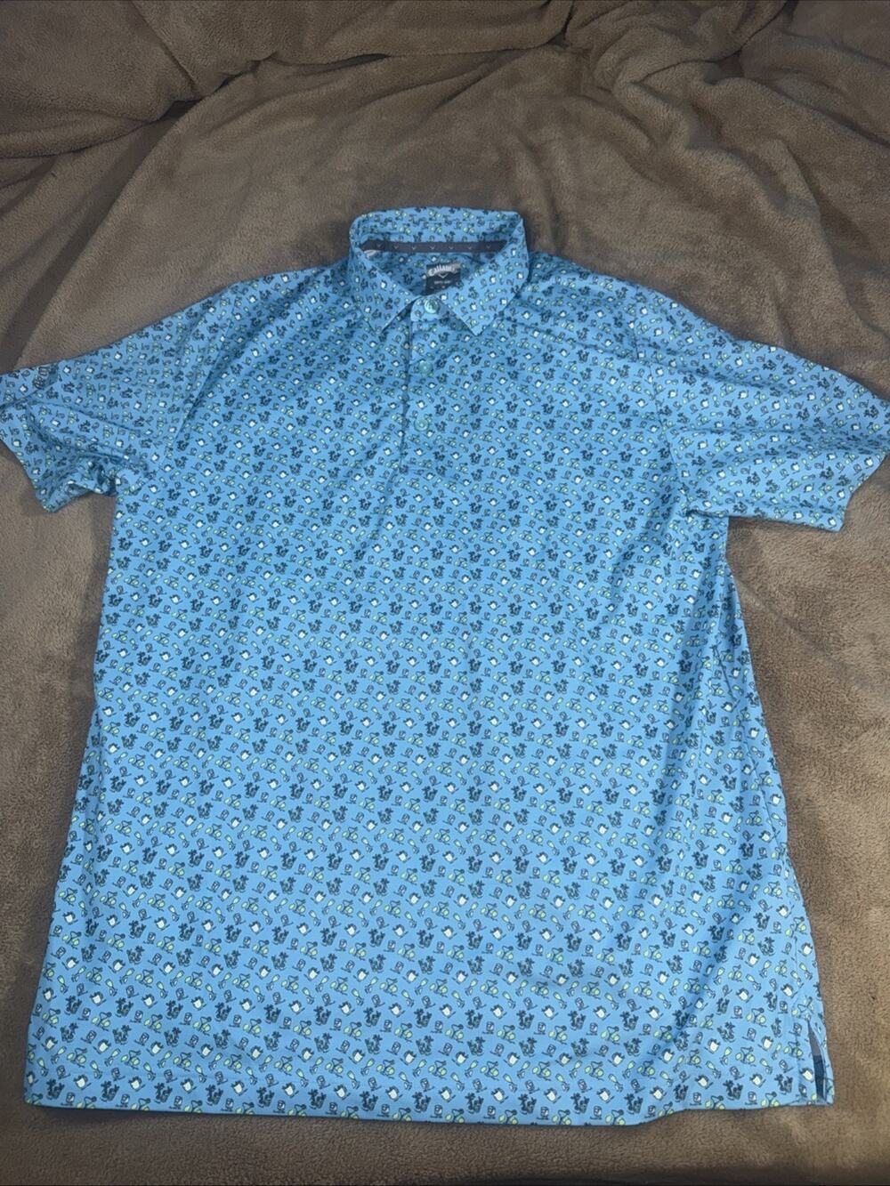Callaway Opti Sri Men’s Medium Blue Cocktail Pattern Golf Shirt